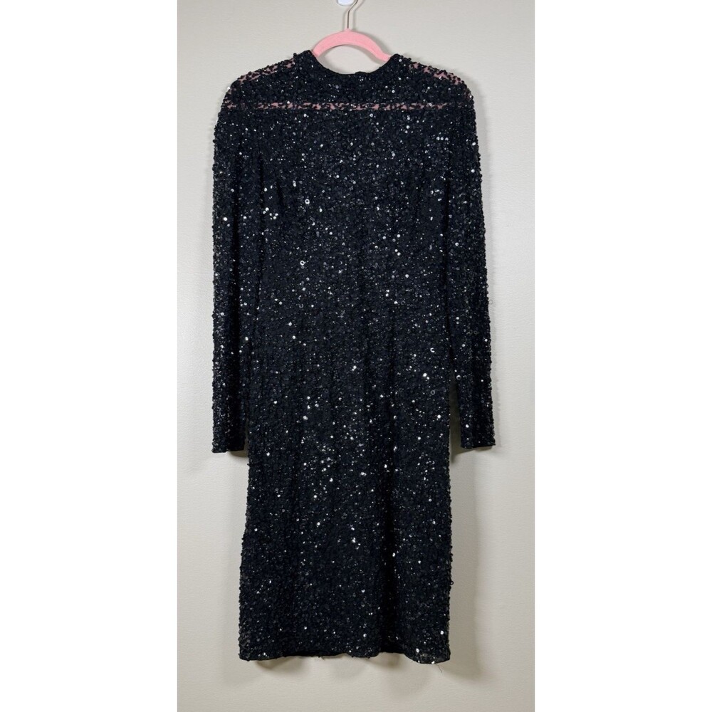 Adrianna Papell Black Sequin Long Sleeve Round Neck Midi Dress Lined 10